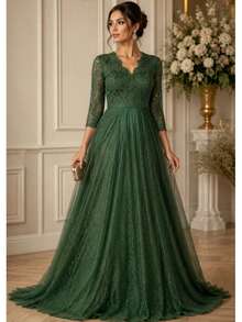 Long Dress For Bridesmaid, Mother Of The Bride/Groom, Discreet, Evangelical, With Lace Sleeves, Size 3.4 - 深橄欖色 - 查看 1