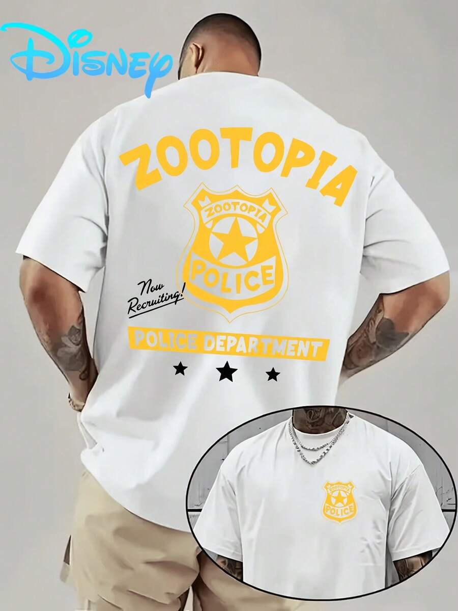 Zootopia Police Disney Men's Cotton Comfortable Tee Dual Side Print Now Recruiting Badge Star Casual Short Sleeve Crew Neck For Men Daily Wear - 白色 - 查看 1