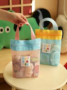 2pcs/Set Cute Colorblock Mesh Tote Bag With Zipper, Portable Breathable Storage Bag, Suitable For Travel, Gym And Daily Use - Multicolor - View 1