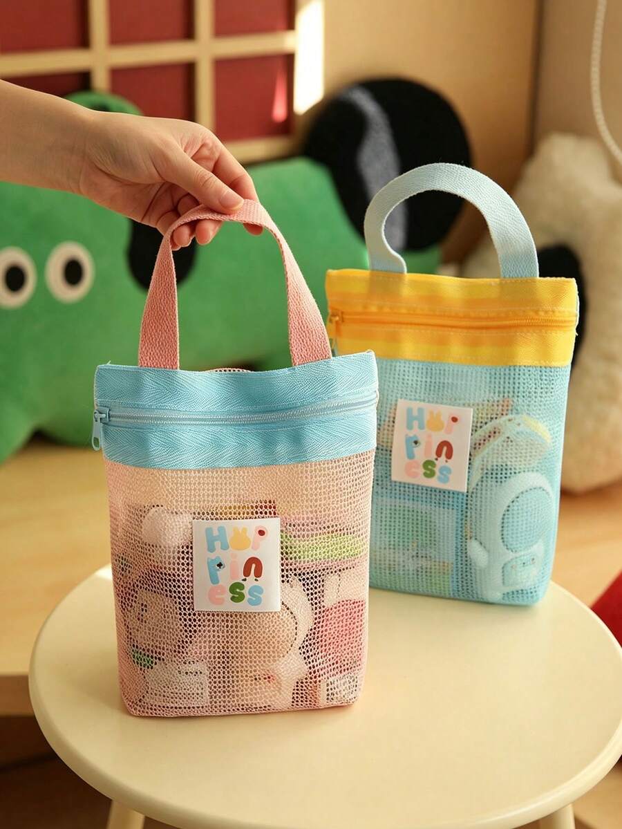 2pcs/Set Cute Colorblock Mesh Tote Bag With Zipper, Portable Breathable Storage Bag, Suitable For Travel, Gym And Daily Use - Multicolor - View 1