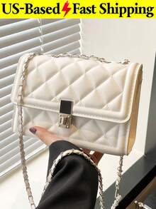 Indentation Diamond Shape Square Bag Lock Closure Flap Metal Chain Shoulder Bag Crossbody Bag White Purse For Daily Travel Back To School Outfits - 彩色 - 查看 4