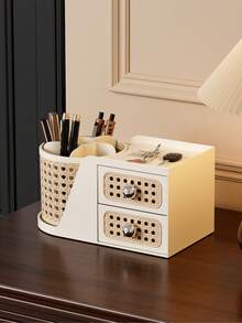 Retro Rattan Style Rotating Pen Holder With Drawers, Multi-Functional Desk Organizer For Stationery, Cosmetics & Small Accessories, Ideal For Office, Bedroom & Home Use - View 1