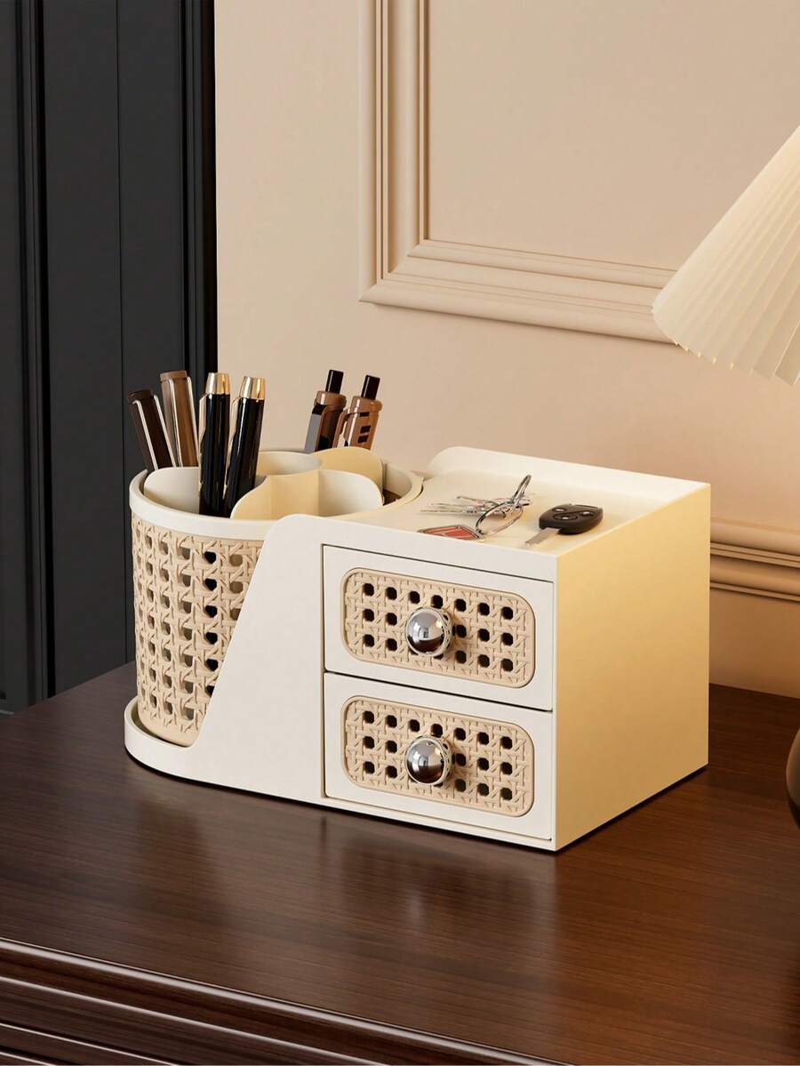 Retro Rattan Style Rotating Pen Holder With Drawers, Multi-Functional Desk Organizer For Stationery, Cosmetics & Small Accessories, Ideal For Office, Bedroom & Home Use - View 1