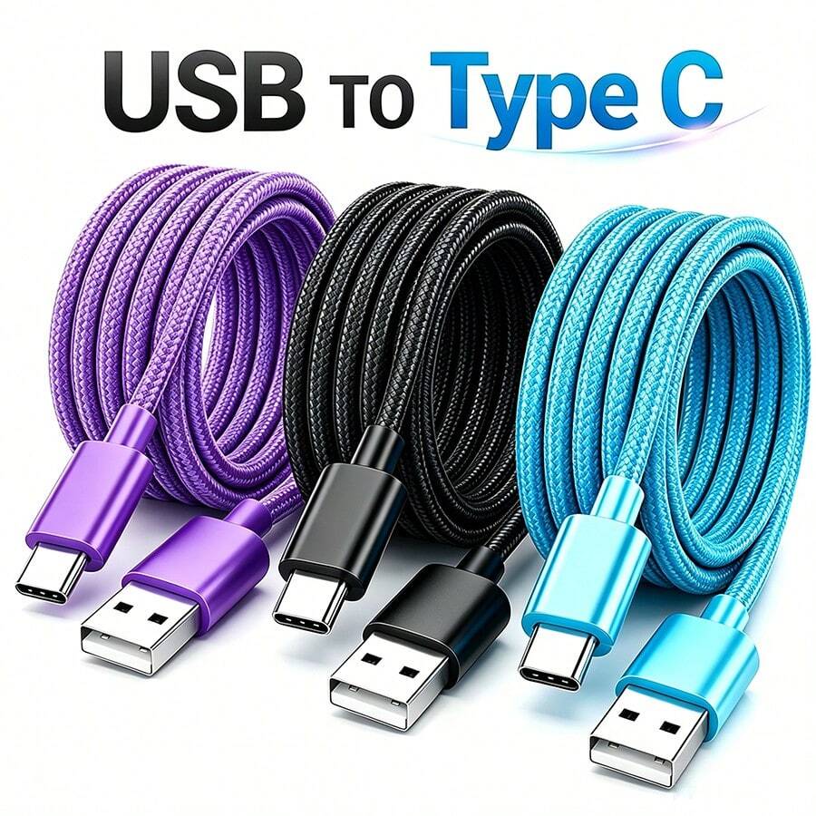 1-3pcs Type-C Fast Charging Cable, Nylon Braided Data Cable, USB-A To USB-C Fast Charging Cable, Compatible With Samsung, And Other Android Phones And Type-C Devices, Suitable For Travel/Office Desk Accessories/Car Accessories/Outdoor, Compatible With IPhone Charger/Phone Charger, Universal Phone Accessories