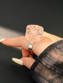 Bague en perle carrée asymétrique géométrique en résine, bague de doigt transparente couleur macaron Ins printemps/été - Multicolore A - Voir 18