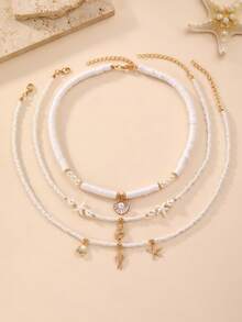 3pcs/Set Bohemian Ocean Style Starfish Shell Pendant Necklace Set, Teen Daily Vacation Accessory - Multicolor - View 5