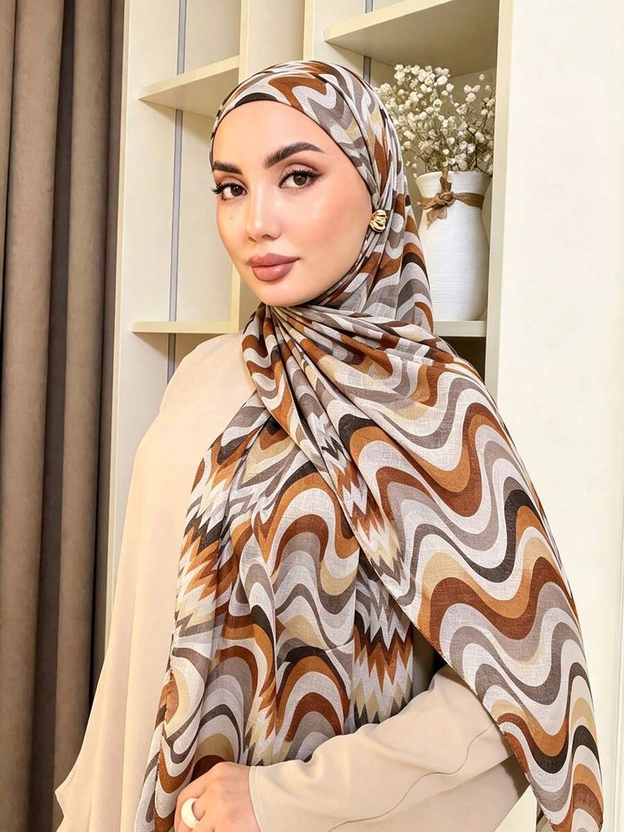 Wavy Colorful Striped Digital Print Muslim Headscarf Modest Hijab Soft Breathable Daily Wear Head Wrap Hijab Shawl - Multicolor - View 1