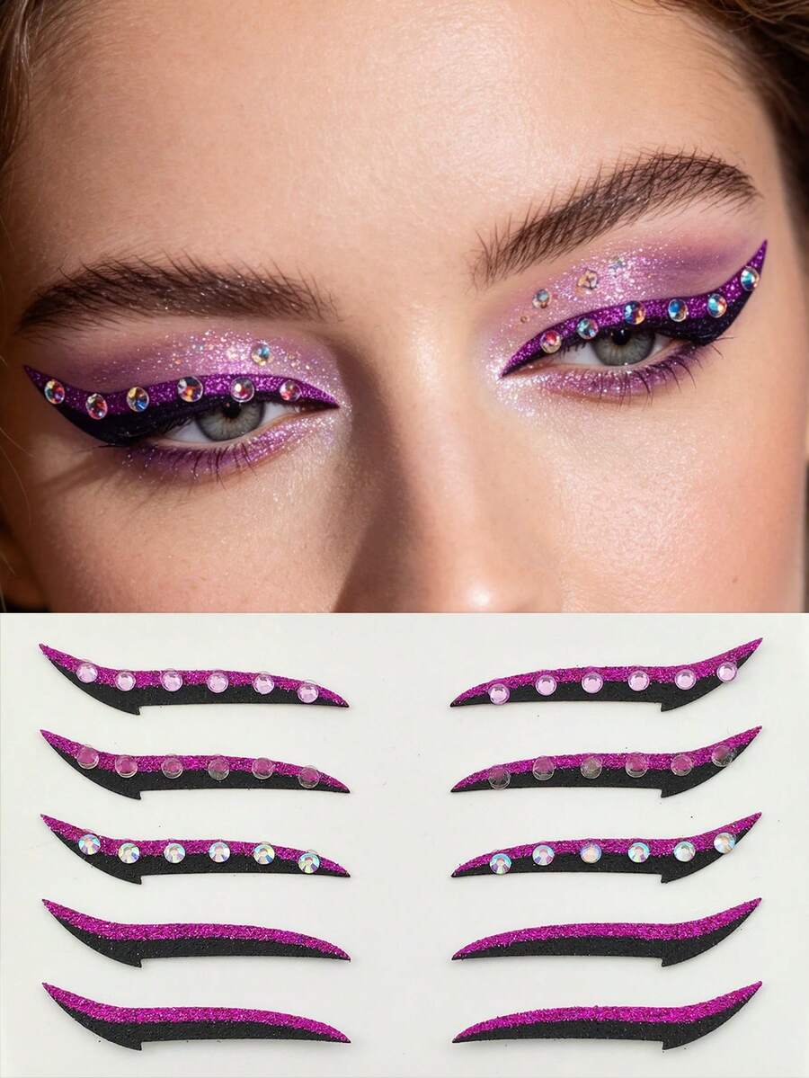 1pc Purple Black Rhinestone Eyeliner Face Decoration Sticker, Diamond Eyeliner Sticker, Reusable Eyeliner Sticker, Easy To Use, Suitable For Women's Makeup And Eye Decoration - 彩色 - 查看 1