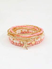 Set de 8 pulseras de cuentas de estilo bohemio con colgantes de estrella de mar y concha de cuentas de semilla rosa, pulseras de cuentas apilables de múltiples capas con cristal falso CCB para mujeres - Dorado - Ver 2
