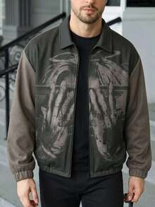 Men's Spring/Autumn Casual Everyday Character Print Suede Lapel Jacket - Grey - View 1