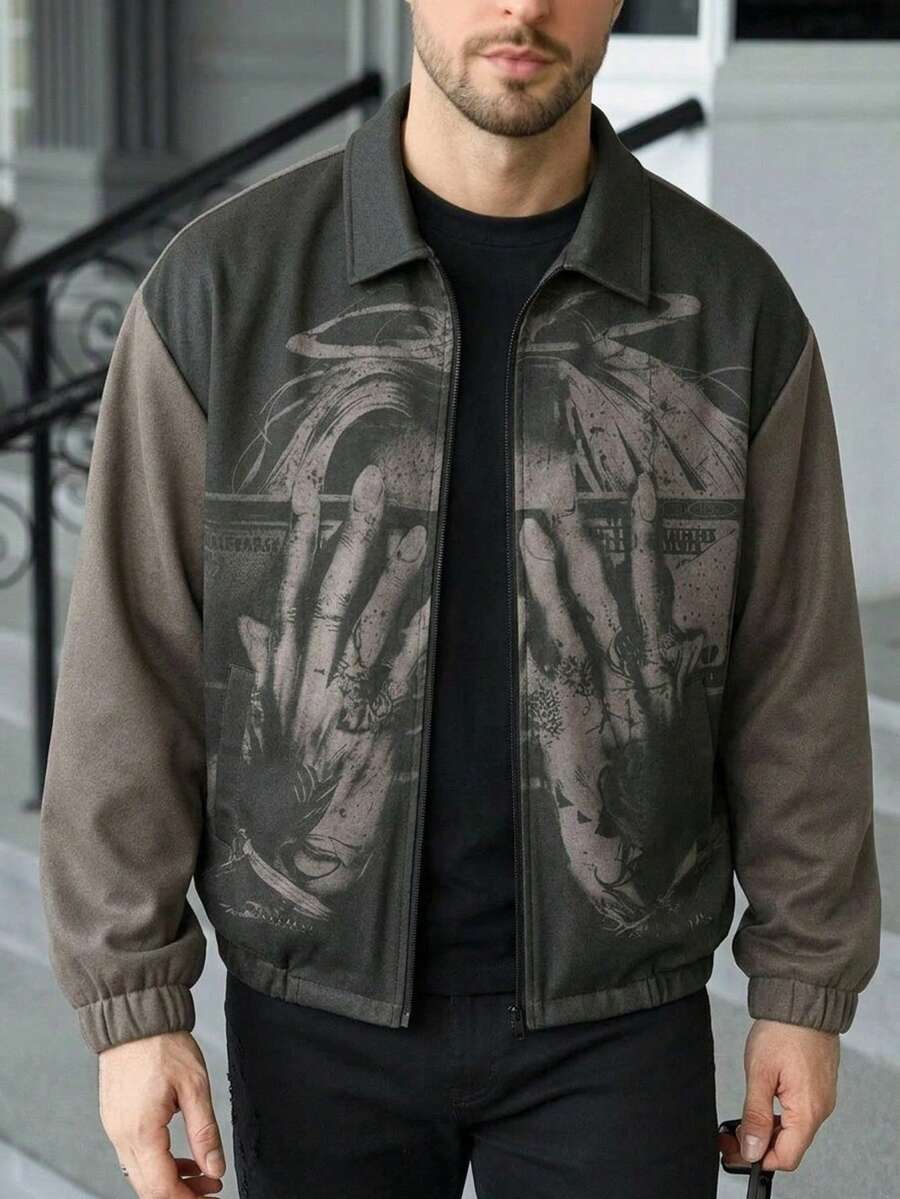 Men's Spring/Autumn Casual Everyday Character Print Suede Lapel Jacket - Grey - View 1