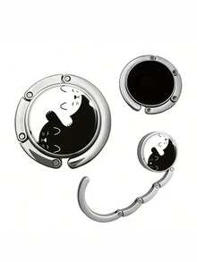 1 pieza Gancho con patrón de dibujos animados, estampado de gato blanco y negro, plegable, adecuado para mesa, escritorio, puede colgar bolsas - Blanco y Negro - Ver 11