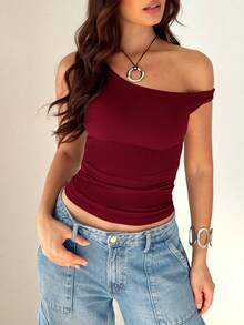 Solid Color Blouse With An Oblique Shoulder And Short Sleeves, Casual Style For Summer - Light Yellow - View 1