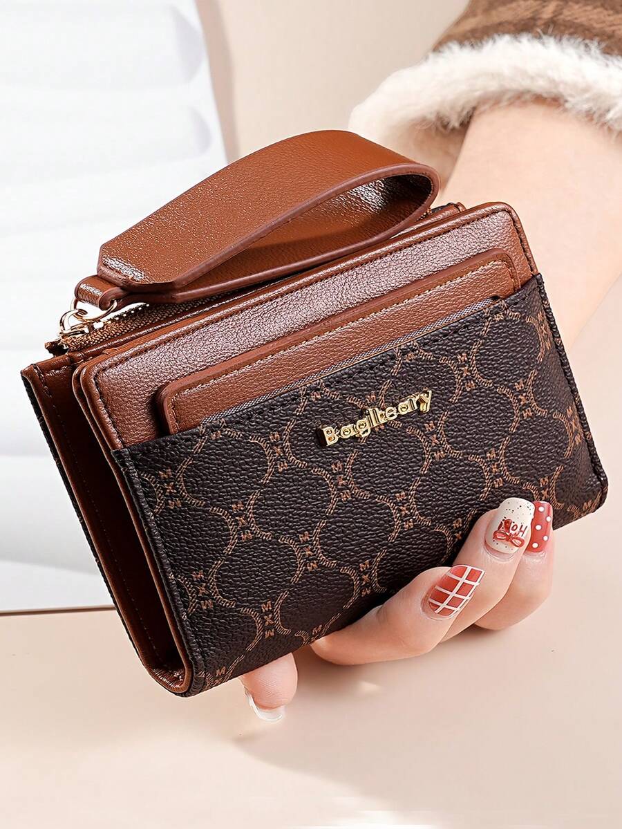 Dompet Wanita Minimalis Tekstur Leci Vintage, Tempat Kartu Lipat Dua Elegan Kelas Atas dengan Banyak Slot, Dompet Koin Pendek dengan Resleting dan Desain Huruf - Coffee Brown - View 1