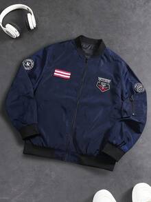 Men's Navy Blue Aviator Jacket, Embroidered Patch Design, Casual Zip-Up Baseball Jacket - Royal Blue - View 3