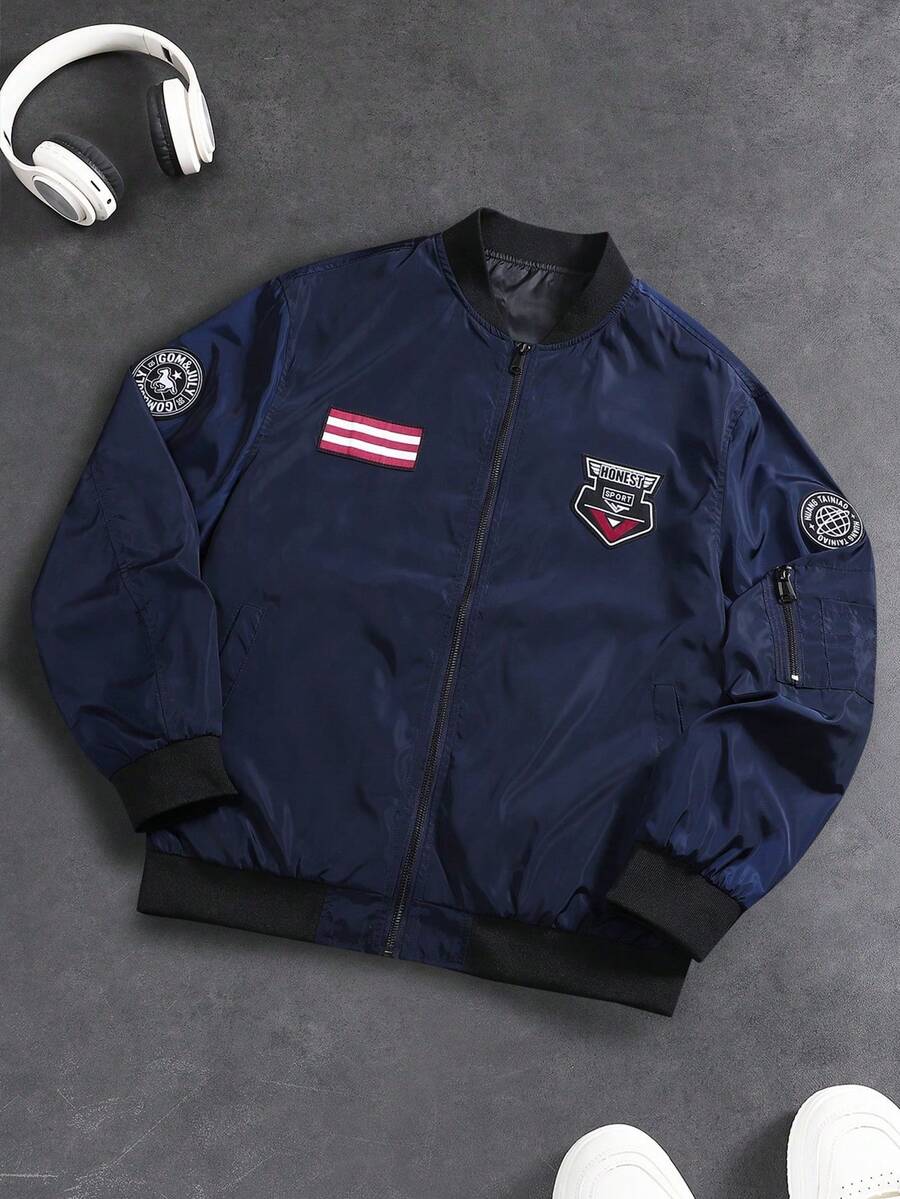 Men's Navy Blue Aviator Jacket, Embroidered Patch Design, Casual Zip-Up Baseball Jacket - Royal Blue - View 1