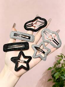 3/6pcs/Set Y2K Star & Cloud Glitter Hair Clips, Premium Minimalist Hair Accessories, Star, Cloud, Square 3 Shapes With Black & Silver Color Matching, Surface With Subtle Glittery Luster, Full Vintage Vibe - Suitable For Women And Girls, Perfect For Daily Wear, Vacation, Party, Graduation Season,Hair Claws - Multicolor - View 1