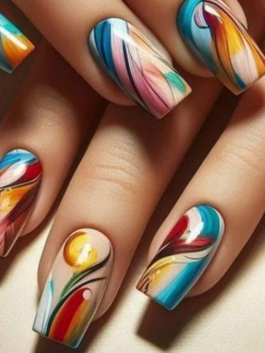 24pcs Medium Long Square Press-On Nails, Colorful Line And Color Block Pattern Fake Nails, With Jelly Glue And Nail File, Suitable For Women's Daily, Party, Holiday Use - Multicolor - View 1