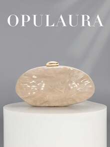 OpulAura 新款時尚不對稱金屬方盒手拿包，歐美風復古迷你方盒晚宴包，正式派對包，雞尾酒會錢包，舞會包，金色婚禮新娘肩背斜挎鏈條包 - 杏色 - 查看 4
