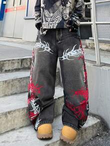 Infinite Jeans 1 pieza Estilo Callejero Americano Retro Pantalones Vaqueros Estampados para Hombre Pantalones Sueltos Cómodos de Pierna Ancha Pantalones Vaqueros Largos Versátiles para Todas las Estaciones (El Producto No Incluye Cinturón y Accesorios) - Negro - Ver 4