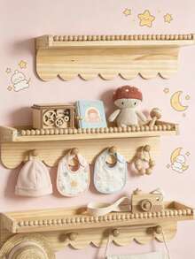 Wavy Edge Beaded Wooden Floating Wall Shelf With Hooks, Cute Baby Room Display & Storage Rack For Baby Books, Toys, Clothes And Decor - Multicolor - View 6