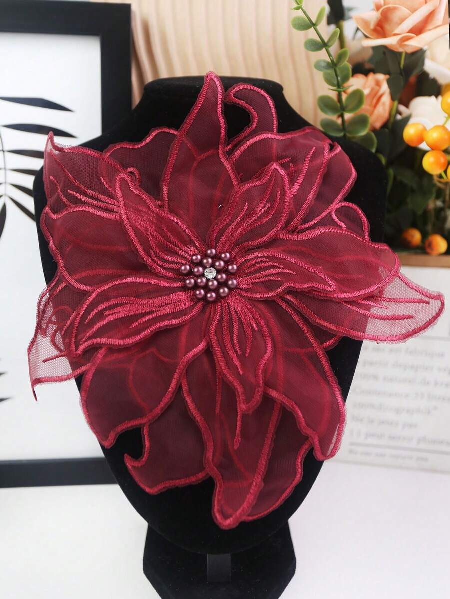 BNH3754 新款手工 3D 刺繡 4 層蕾絲水鑽與珠飾貼花,適用於婚紗 DIY 配件,寬度:23cm/實際產品可能因光線、螢幕等因素而有輕微色差 - 棗紅色 - 查看 1