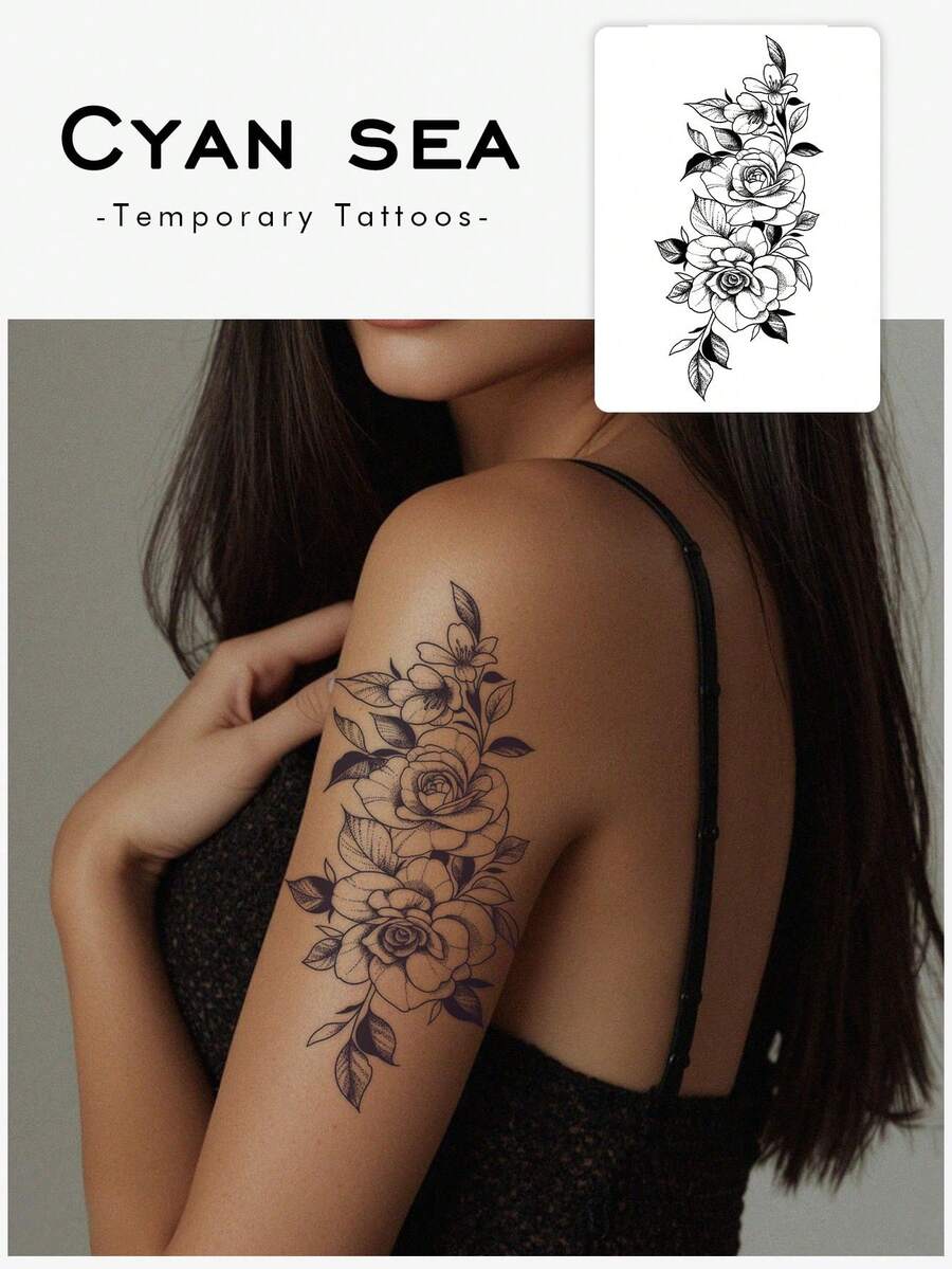 1片草本縫線草稿玫瑰櫻花組合圖案臨時紋身貼紙,具備逼真紋身設計,適合旅行、音樂節、遊戲、畢業禮物,可維持7-14天 - 黑色 - 查看 1