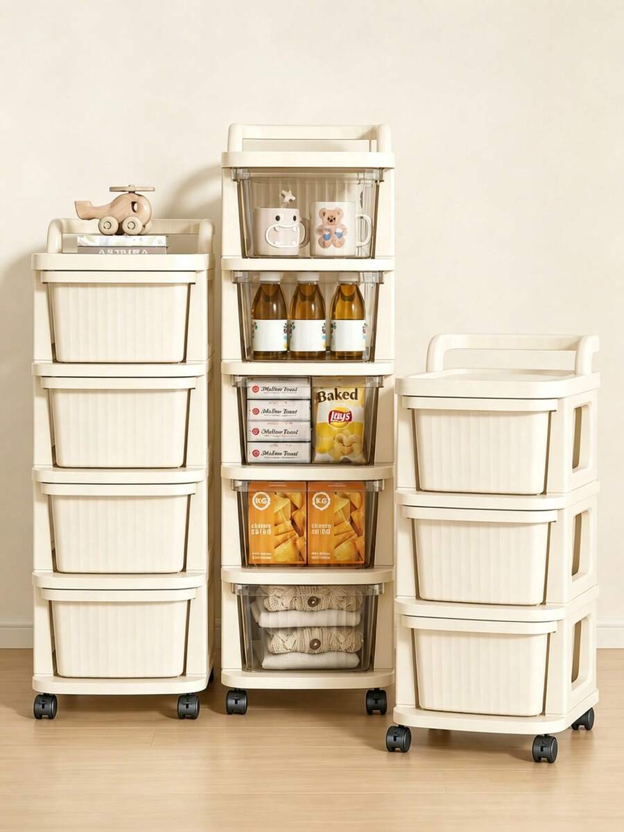 1pc Cream-Color Plastic Drawer Storage Cabinet With Wheels, Suitable For Storing Snacks, Toys, Cosmetics And Various Other Items, Great For Home Organization - Multicolor - View 1