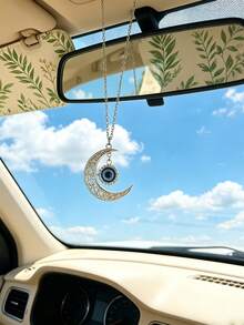 1PC Metal Blue Eye Car Hanging Ornament - Crescent Moon Shaped Exquisite Design Car Rearview Mirror Decoration, Fashionable And Durable Car Interior Accessory - A - View 5