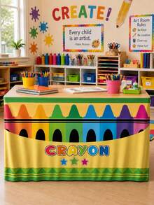 1 pieza Falda de mesa elástica de spandex para regreso a clases, mantel ajustado con estampado colorido de crayones, adecuado para escritorio de maestro, decoración de fiesta de bienvenida en el aula, mantel reutilizable con tema de aprendizaje para eventos de exhibición - Multicolor - Ver 3