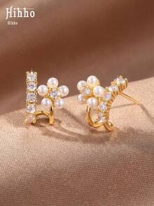 Hihho 1 Pair Gentle French Style Luxury Exquisite Pearl Flower With Zirconia C-Shaped Hook Design Pearl Flower Zirconia Stud Earrings, Elegant Jewelry For Women Suitable For Commuting And Daily Wear - Flower - View 1