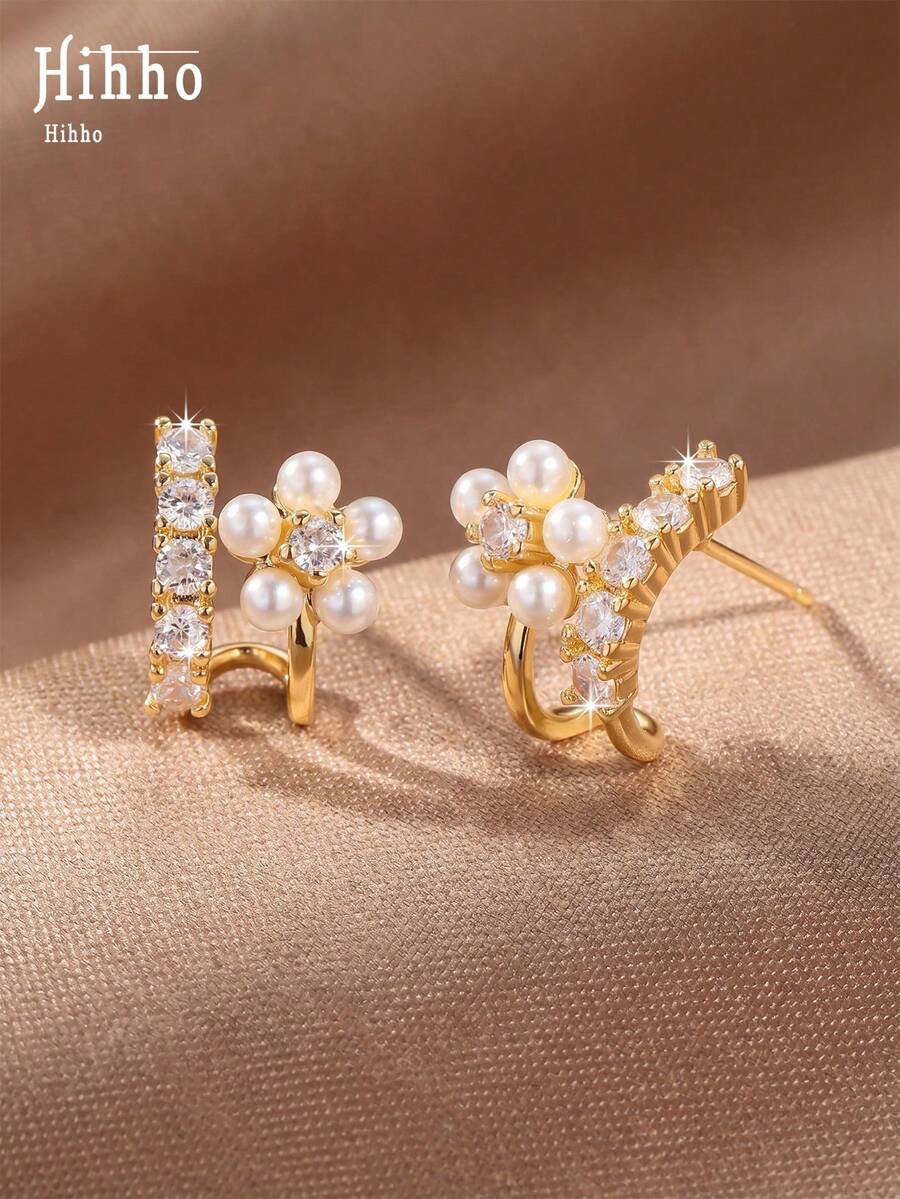 Hihho 1 Pair Gentle French Style Luxury Exquisite Pearl Flower With Zirconia C-Shaped Hook Design Pearl Flower Zirconia Stud Earrings, Elegant Jewelry For Women Suitable For Commuting And Daily Wear - Flower - View 1
