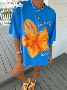 Tops Women Summer DEAR MOLLY Beach Club Swim Hibiscus Print T-Shirt,Casual Loose Round Neck Drop ShoulderShort SleeveTee,Daily Wear,&ComfortableY2k - 藍色 - 查看 7