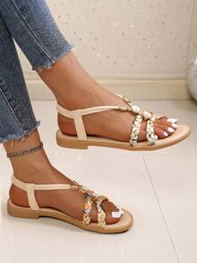 Beaded Flat Solid Color Flat Sandals - Apricot - View 8