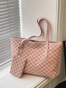 Vintage All-Over Buchstaben-Muster Tragetasche, große Kapazität Pendler Mutter-Tochter Tasche, vielseitige PU Handtasche Schultertasche - Pink - Übersicht 6