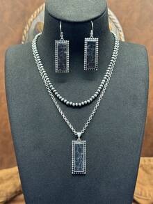 1 Set / Western Vintage Style Jewelry Set, 1 Pair Rectangular Faux Turquoise Earrings And Double Layer Necklace, Rugged And Eye-Catching Overall Style, Full Of American Western Wilderness Texture, Highly Compatible With Cowboy Style, American Vintage Hot Girl Style, And Western Cargo Style Style. - Bohemian Style - View 10