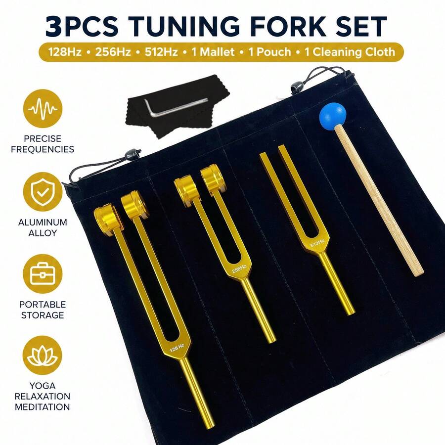 Gold 3-teiliges Chakra-Stimmgabel-Set, 128Hz, 256Hz, 512Hz, für Körpergewichtung Stimmgabel Chakra-Training und Yoga-Training, Reiki und Meditations-Essentials, Energie-Arbeit-Tuner - Gold - Übersicht 1