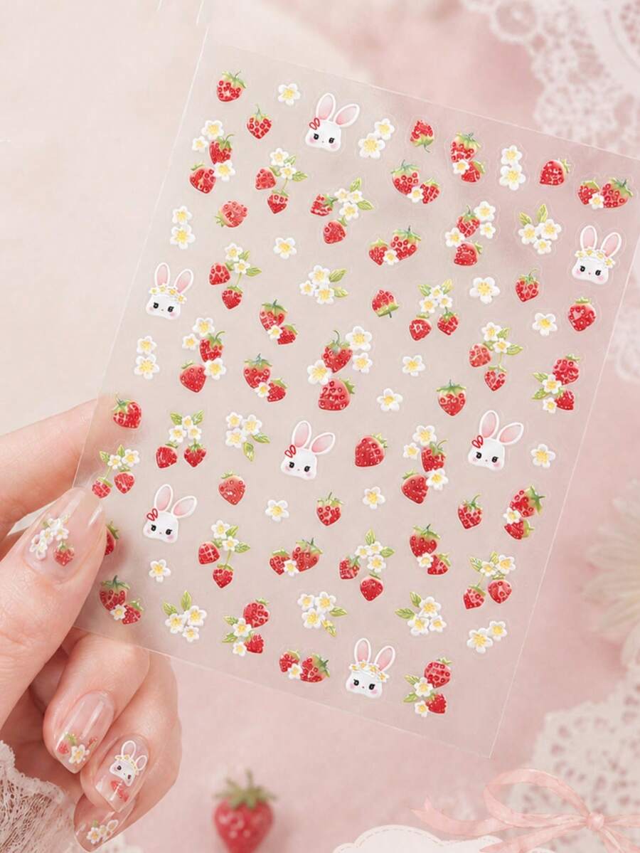 1 pieza Pegatina 5D en relieve, estilo primaveral europeo y americano con fresa, flor y lazo, calcomanía de arte de uñas, pegatinas para uñas - Multicolor - Ver 1