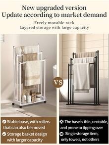 1pc 3-Tier Towel Rack With Storage Function - Freestanding, With Wheels - Heavy Duty Base, Sturdy Structure, Suitable For Various Sizes Of Towels, Bath Towels, Bathrobes, Ideal For Bathroom, Guest Room Use - Multicolor - View 5