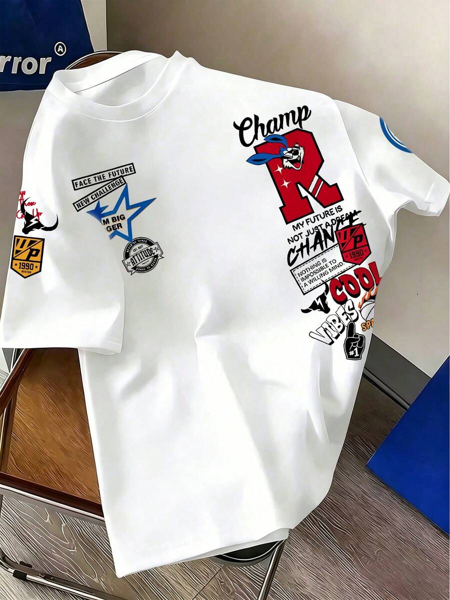1 buah Kaos Lengan Pendek Anak Laki-laki Remaja Motif Multi-Elemen, Kartun Basket Jalanan Amerika, Atasan Kasual Anak-anak Kerah Bulat - Putih - View 1