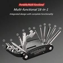 1 pieza Juego de herramientas de reparación de bicicleta plegable 16-en-1, herramienta de mantenimiento de bicicleta multifunción portátil que incluye llave hexagonal, destornillador y componentes de vaso - Multicolor - Ver 1