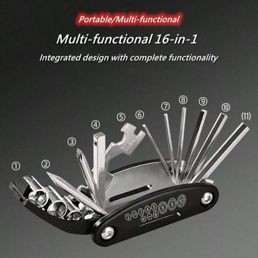 1 pieza Juego de herramientas de reparación de bicicleta plegable 16-en-1, herramienta de mantenimiento de bicicleta multifunción portátil que incluye llave hexagonal, destornillador y componentes de vaso - Multicolor - Ver 1