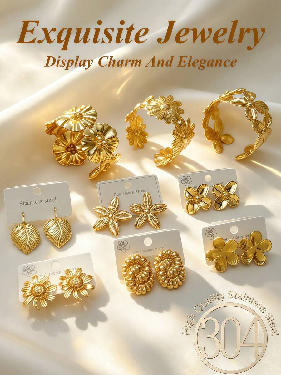 Juego de 5/9 piezas, Juego de joyas de acero inoxidable lujoso y elegante para mujer, Juego de joyas de tono dorado premium, Juego de pulsera y aretes minimalista de moda, Incluye aretes con forma de flor y hoja y pulsera con forma de flor, Varios estilos, Juego de aretes hipoalergénicos, Versátil y elegante, Opción de regalo perfecta para amigas en vacaciones. - Conjunto de joyas - Ver 1