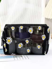 Daisy Print Mesh Makeup Bag, Portable Zippered Handheld Cosmetic Storage Pouch, Travel Toiletry Organizer Bag - Black - View 6