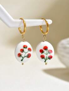 1 Pair Minimalist Gentle Style Oval Hand-Painted Floral Earrings For Women, Vacation, Casual, Travel Wear - Multicolor - View 7