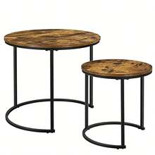 2pcs Coffee Table Set, Round Nesting Coffee Table Set - Industrial Wood Grain Side Tables For Living Room Bedroom Balcony - Wood Color - View 3