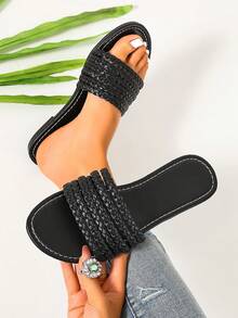 Sandalias tejidas de estilo europeo y americano vintage para mujer, chanclas minimalistas negras de punta abierta y holgadas, zapatos planos versátiles para el uso diario y vacaciones - Negro - Ver 2