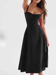 Sexy Women Midi Dress, Corset Bustier Spaghetti Strap Summer Dress With Slit, Floral/Plain Sundress For Vacation Beach Outfit, Party, & Casual Wear - 黑色 - 查看 4