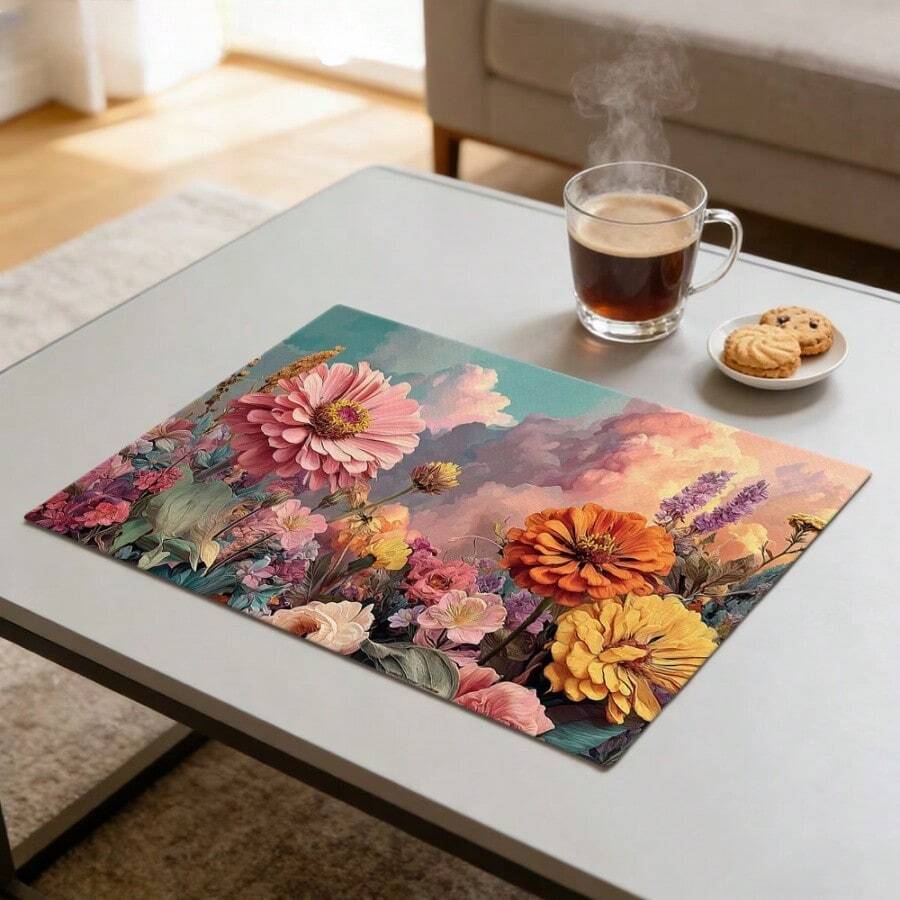 1/2/4/6/8PCS Floral Placemats,45*30cm,2 Prints: Sky Cloud Zinnia Painting & Watercolor Gradient Sunflower. 100% Polyester, Fade/Water/Stain/Heat Resistant, Machine Washable & Durable For Home Dining Decor.