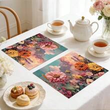 1/2/4/6/8PCS Floral Placemats,45*30cm,2 Prints: Sky Cloud Zinnia Painting & Watercolor Gradient Sunflower. 100% Polyester, Fade/Water/Stain/Heat Resistant, Machine Washable & Durable For Home Dining Decor. - Multicolor - View 6